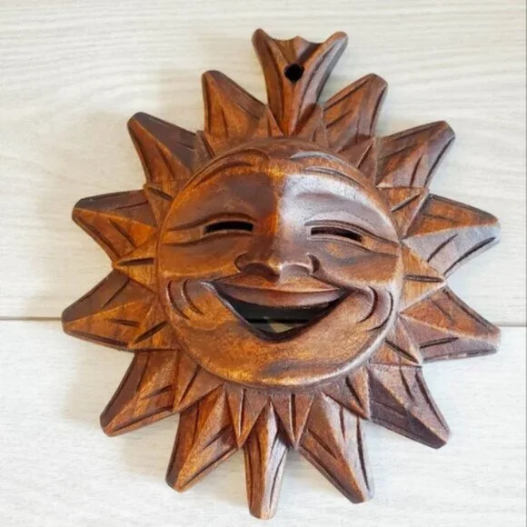 Vintage 3D Sun God Handcrafted Wooden Wall Hanging Aztec Boho - Picture 2 of 5